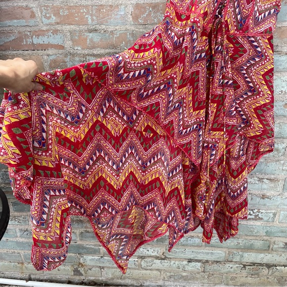 Tiered Maxi Dress Boho Red Lace Up Ruffled Handkerchief Hem Midi Sundress - Picture 12 of 15